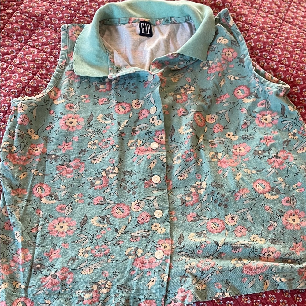 GAP Mint Green Floral Sleeveless Button-Up Polo VITAGE Y2k